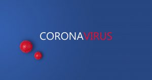 Banner with inscription Coronavirus on blue background with abstract viral strain model